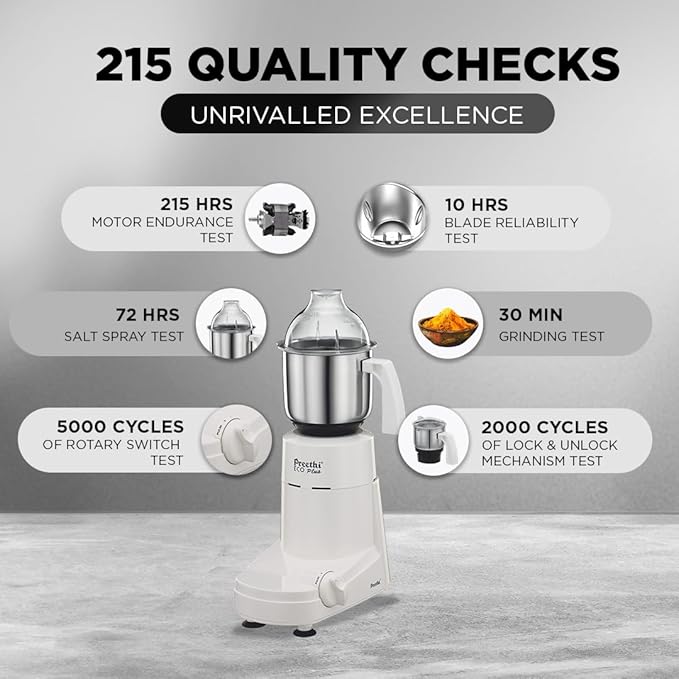 Preethi Eco Plus Mixer Grinder, White, 3 Jar