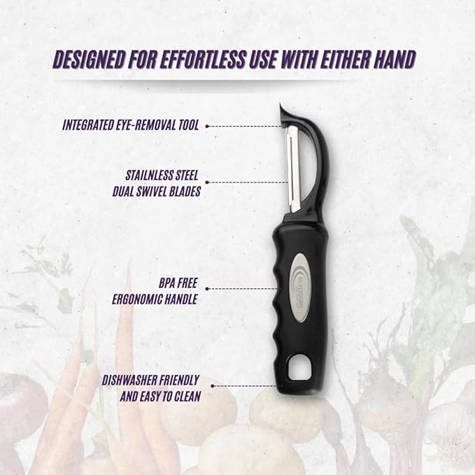 Premium Swivel Peeler- Super Sharp Stainless Steel Blades for fast and efficient Kitchen Prep- Ergonomic Handle- Dishwasher Safe- Equipped with sharp tip to remove Blemishes on Vegetables