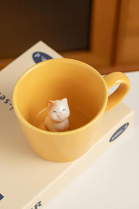 DIHOclub Cat Coffee Cup Hidden Ceramic Animal Inside Mug,Cute Cartoon Handmade Figurine Mugs,Holiday and Birthday Gift for Coffee Milk Tea Lovers,12 Oz(yellow)