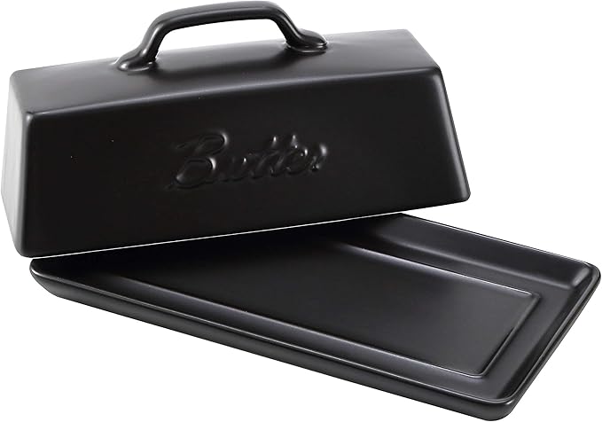 Bruntmor Ceramic Butter Dishes With Lid. Butter Holder/ Tray/ Storage With Lid And Handle. Porcelain Butter Keeper For Countertop. Butter Dish With Cover In Black Color.
