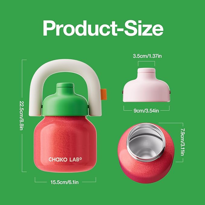 CHAKO LAB Christmas Water Bottle with Straw and Carry Handle | Wide Mouth vacuum insulated stainless steel Bottles | Reusable, leak-proof and BPA-free | 33oz(Green&Red)