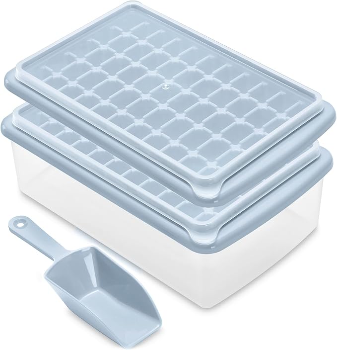 ARTLEO Ice Cube Maker Trays for Freezer with Lid and Storage Bin, Easy Release 55 Mini Nugget Ice Cubes Trays 2 pack with Cover, Ice Holder, Scooper, Flexible Plastic Ice Mold & Bin, BPA Free