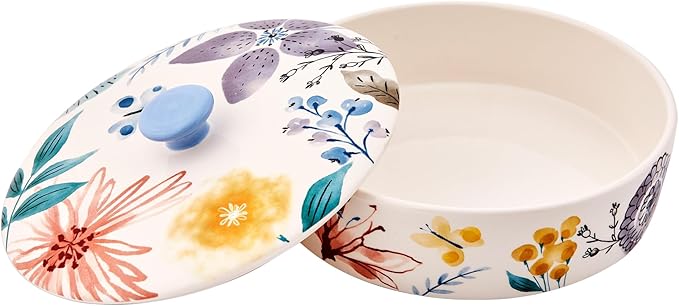 Bico Blossom Symphony Ceramic Tortilla Warmer, 8.9 Inch Tortilla Holder with Lid for Taco Bread Pancake for Mexican Night and Party, Microwave and Dishwasher Safe