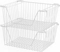 Slideep 14'' Large Stackable Storage Baskets Cabinet Organizer Sturdy Metal Wire Pantry Freezer Bin for Pantry Home Bathroom Kitchen Organization White - 2 Pack