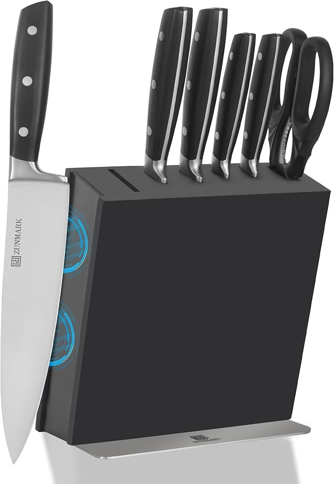 Knife Set, 7 Piece Sharp Chef Knife Set with Solid Wood Block, Unique One-Sided Magnetic Design, Full-tang Stainless Steel Knife Block Set for Home and Restaurants, Elegant Black