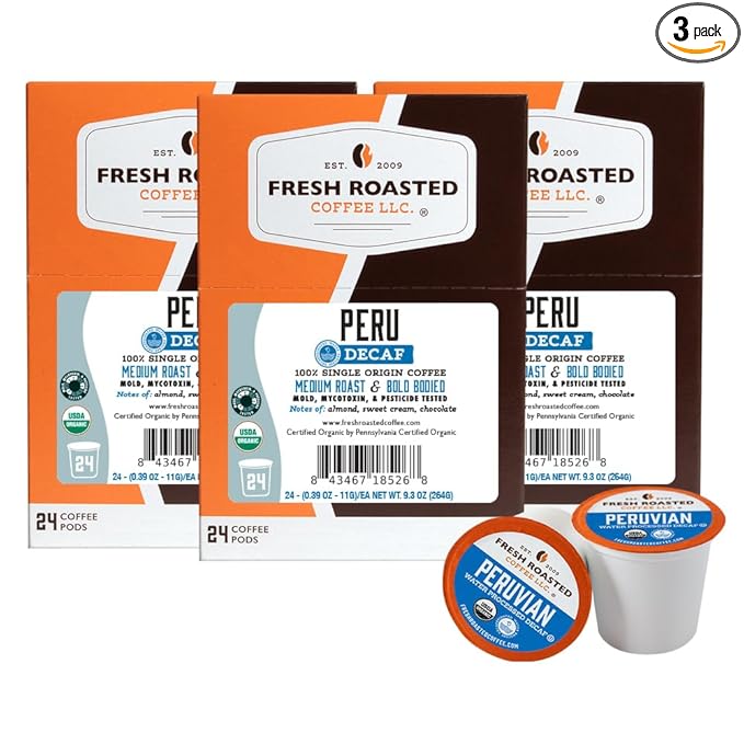 Fresh Roasted Coffee, USDA Organic Peru Water-Processed Decaf | 3rd Party Tested for Pesticides, Mold, Mycotoxins, Kosher | 100% Arabica, Specialty Grade, Med Roast 72 Pods for K Cup Brewers