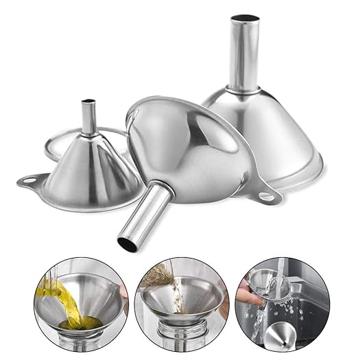 3 in 1 Metal Small Funnels for Filling Bottles Stainless Steel Small Kitchen Funnel Set for Transferring Essential Oils Liquid Fluid Spice Dry Ingredients Powder, Durable and Dishwasher Safe