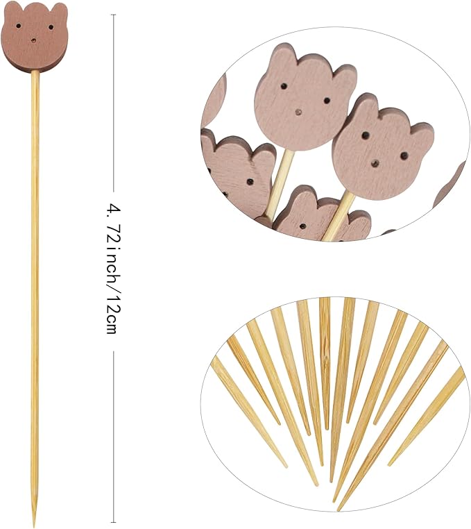 BLUE TOP 200PCS 4.7 Inch Brown Bears Bamboo Cocktail Picks Bamboo Toothpicks Fruit Picks for Home Party Appetizers Cocktail Decorations Charcuterie Board