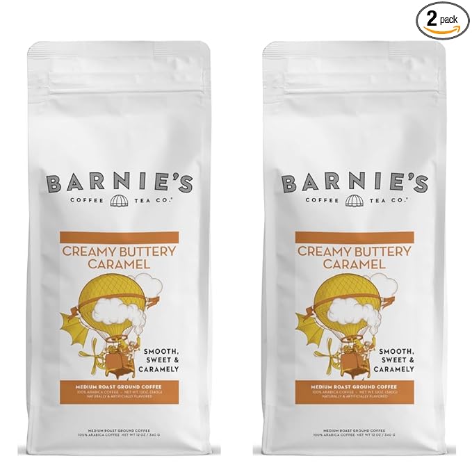 Barnie's Creamy Buttery Caramel Ground Coffee with Smooth and Sweet Caramel Flavor, Medium Roasted Arabica Coffee Beans, Gluten and Nut Free, 12 oz Bag (Pack of 2)