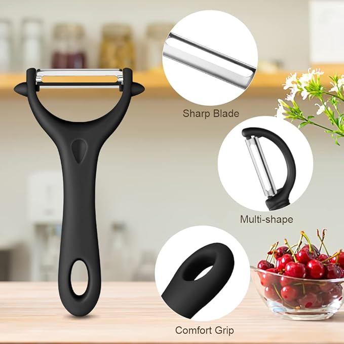 AUAUY 2PCS Potato Peeler, Y and I-Shaped Swivel Vegetable Peeler Set, Fruit Peeler for Kitchen, Non-Slip Grip Peeler, Ergonomic Handle Sharp Blade Stainless Steel Peeler（Black）