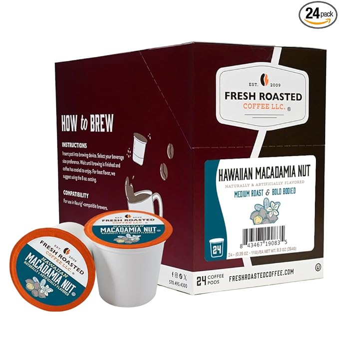 Fresh Roasted Coffee, Hawaiian Macadamia Nut, Flavored Coffee Pods, K-Cup Compatible, 24 Count