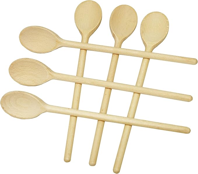 12 Inch Long Wooden Spoon Set by BICB | Natural Beechwood Mixing Spoons for Baking, Cooking & Stirring | Set of 6 Long Wooden Spoons | Cookware Sauce Spoons | Wood Mixing Spoon Set