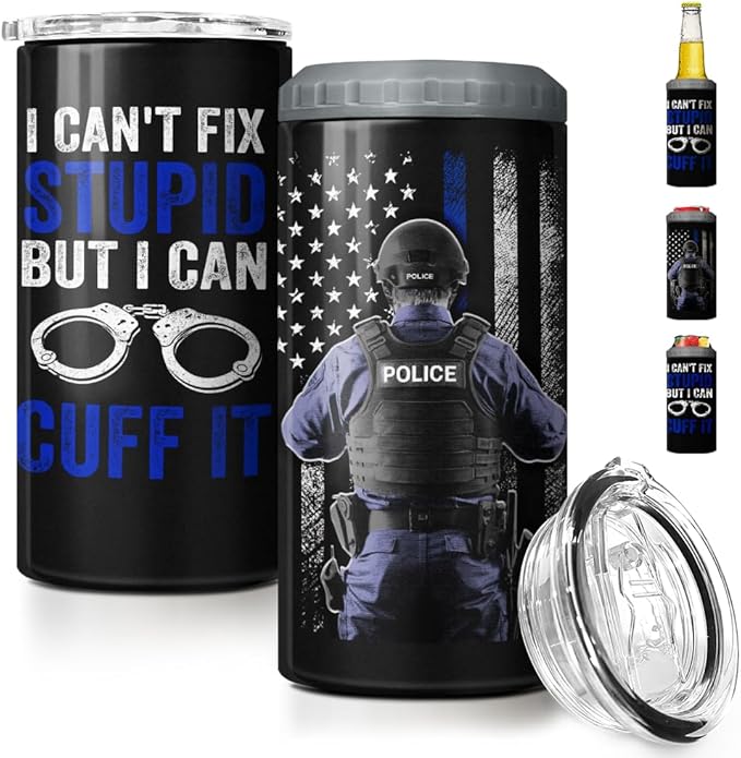 SANDJEST Police Tumbler American Policeman 4 in 1 12oz Tumbler Can Cooler Coozie Skinny Stainless Steel Tumbler Gift for Police Man Dad Father Boy Friends Retirement Birthday Party