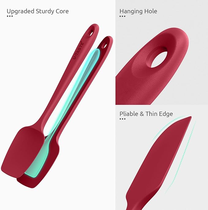 U-Taste Silicone Baking Spatula Set: 480ºF High Heat Resistant, Food Grade Flexible Rubber Kitchen Cooking Mixing Scraper, Food Grade Seamless Utensil for Nonstick Cookware Set of 3 (Red)