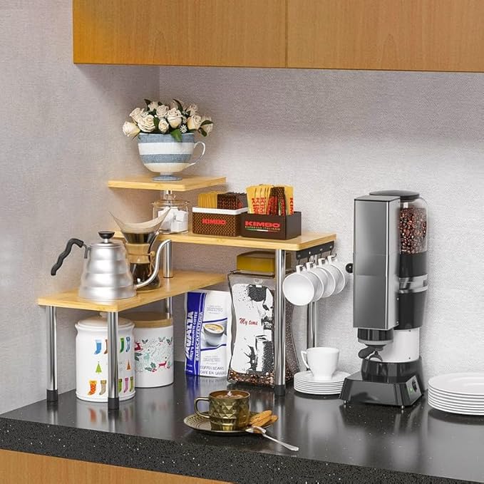 ZHWS Kitchen Countertop Organizer Spice Rack for Salt, Bathroom Counter Organizer Over Sink for Makeup, Skincare, Adjustable 3-Tier Corner Counter Shelf with 4 Hooks for Coffee Bar Dresser Table