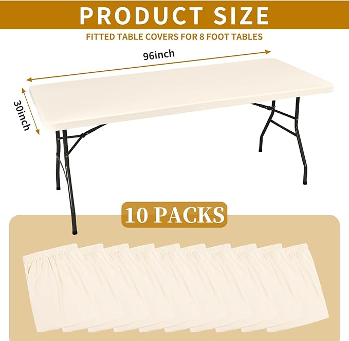 10 Pack Fitted Tablecloth for 8 Foot Rectangle Tables, Ivory Elastic Outdoor Picnic Table Cover, Washable Stretch Folding Table Cloths 8 ft for Camping Party Patio Kitchen Banquet, 30" W x 96" L