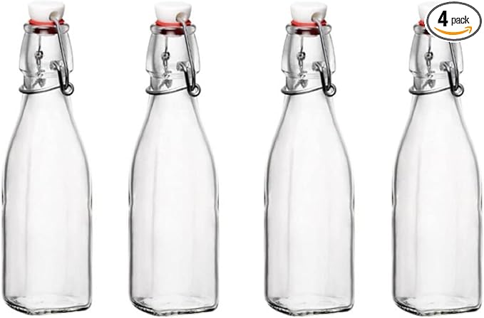 Bormioli Rocco Swing Top Glass Bottle (Set of 4) - 8.5 oz Reusable Container with Secure Metal Clasp, Ideal for Homemade Juices, Oil Infusions, Condiments, Mixers - Everyday Drinking Glasses