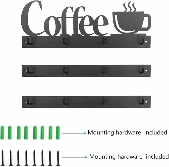 HULISEN Coffee Mug Wall Rack, Coffee Cup Holder Wall Mounted with 12 Heavy Duty Hooks and Metal Coffee Sign, Rustproof Tea Cup Hanger Display Decor for Coffee Bar, Kitchen, Office