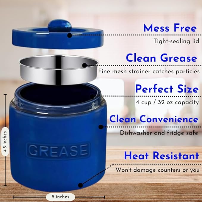 Bacon Grease Saver with Strainer - Ceramic Grease Container 1L Storage Canister | Holds Bacon Fat Drippings | Oil Keeper for Kitchen Counter Storage