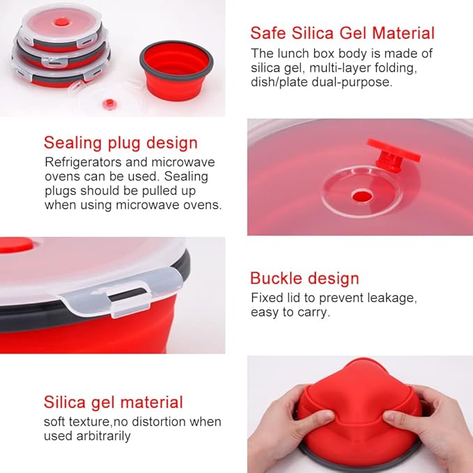 Guyuyii Collapsible Bowls with Lids – 4 Sizes Silicone Food Storage Containers for Camping, RV, and Home Use, with Airtight Leak-Proof Seal, Space-Saving Stackable, Microwave Freezer Dishwasher Safe