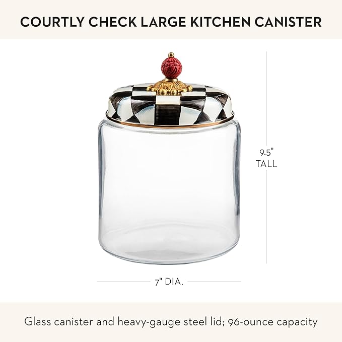 MACKENZIE-CHILDS Courtly Check Kitchen Canister, Decorative Black-and-White Glass Storage Jar with Lid, Large