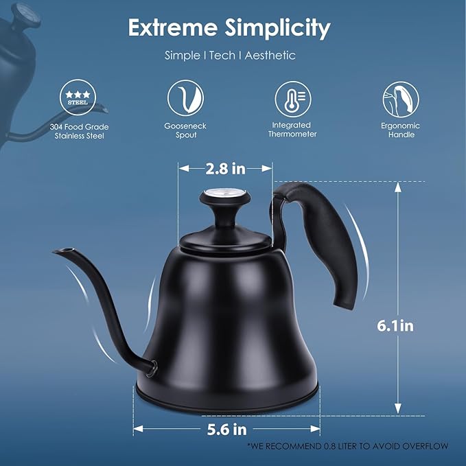 Tea Kettle with Thermometer Stovetop Gooseneck Kettle 28oz 0.8L Pour Over Coffee Pot, Matte Black Camping Home Kitchen Water Boiler, 1Pack