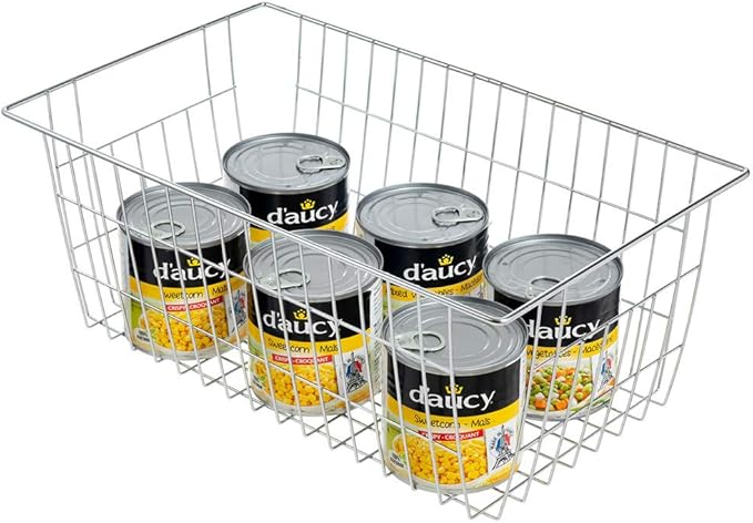 SANNO Farmhouse Freezer Bastets Organizer Bin Large Metal Wire Food Storage Organizer Bin Basket - for Kitchen Cabinets, Pantry, Bathroom, Laundry Room, Closets, Garage - Chrome, 3 pack