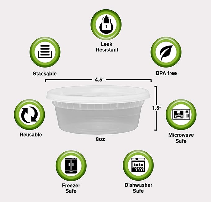 SafeWare Deli Plastic Food Containers with Airtight Lids [50 Sets], Leakproof Slime Small Combo Pack [Reusable, Storage, Disposable, Meal Prep, Soup, Microwaveable & Freezer Safe] (8oz)