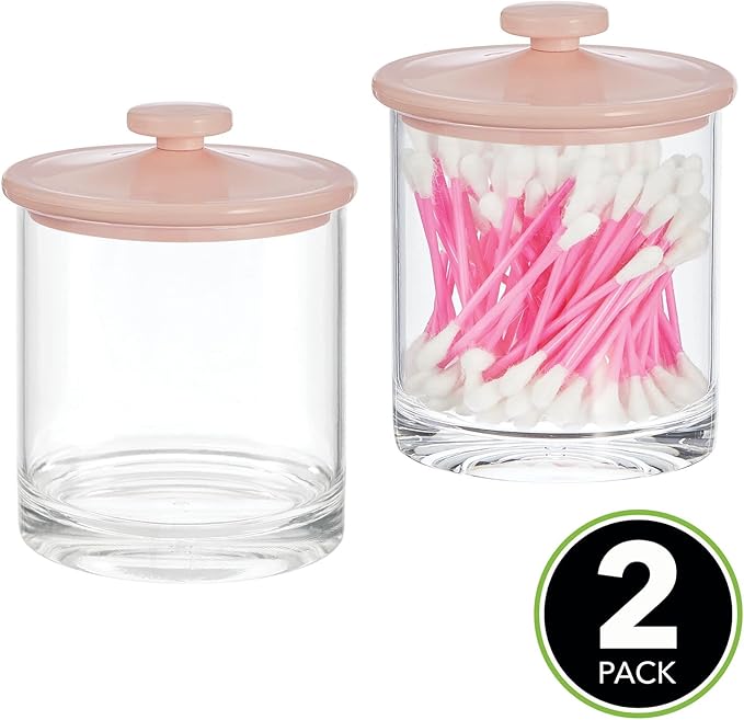 mDesign Small Modern Apothecary Storage Organizer Canister Jars - Acrylic Containers for Bathroom, Organization Holder for Vanity, Counter, Makeup Table, Lumiere Collection, 2 Pack, Clear/Light Pink