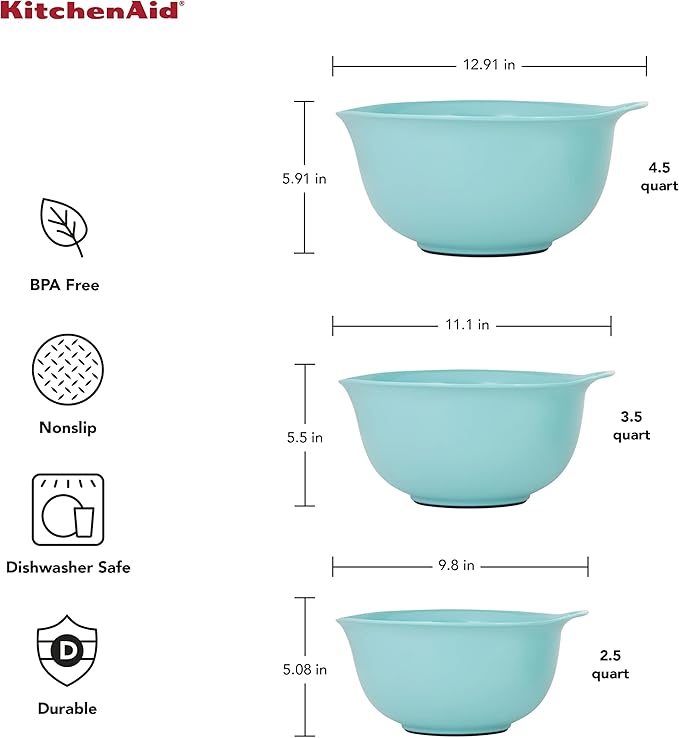 KitchenAid Universal Nesting Plastic Mixing Bowls with Non Slip Base and Pour Spout, Dishwasher Safe, Set Of 3, 2.5 quart, 3.5 quart and 4.5 quart, Aqua Sky