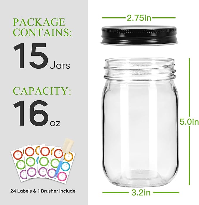 Glass Mason Jars with Black Lids 16 oz - 15 Pack Regular Mouth Canning Jars for Food Storage, Meal Prep, Overnight Oats, DIY Crafts - Includes 24 Stickers & Brush