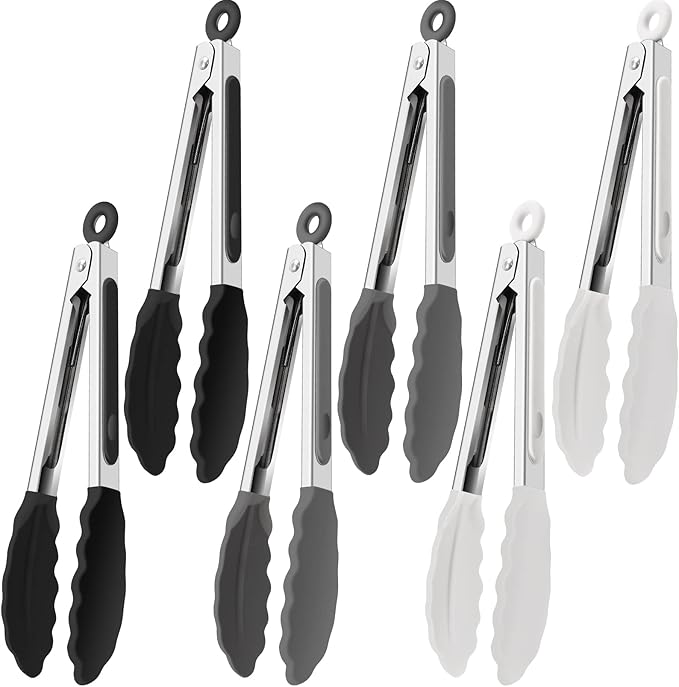 6 Pcs Small Silicone Tongs,7 Inch Mini Serving Tongs with Tips,Heat Resistant Cooking Tong,Stainless Steel Silicone Kitchen Tong for Salad Food Frying BBQ(Black,Gray,White)
