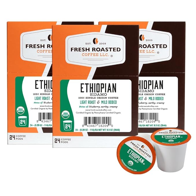 Fresh Roasted Coffee, Organic Ethiopian Sidamo | Fair Trade, USDA Organic, 100% Single Origin, Kosher | Light Roast 72 Pods for K Cup Brewers