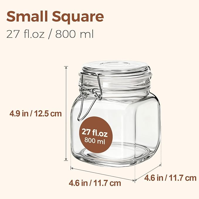 ComSaf 25oz Airtight Glass Canisters with Lids Set of 6, Square Food Storage Jar Container with Clamp Lids for Kitchen Canning Cereal Coffee Pasta Sugar Beans Spice, Clear Mason Jars with 12 Labels