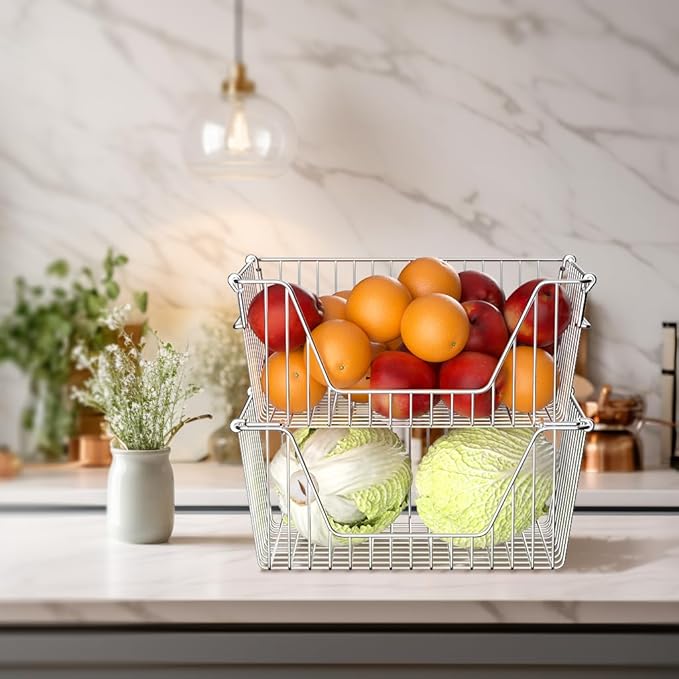 Slideep 14" Large Stackable Storage Baskets, Cabinet Organizer Sturdy Metal Wire Pantry Freezer Bin for Pantry Home Bathroom Kitchen Organization - Set of 8