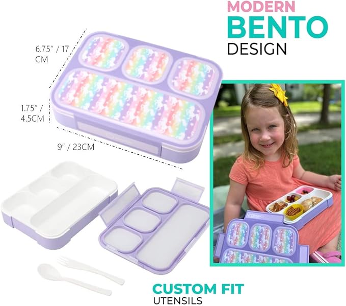 Unicorn Bento Box Lunch Box for Girls, Kids | Snack Containers with 4 Compartment Dividers, Boxes for Toddlers Pre-School Daycare Lunches BPA Free, Food & Microwave Safe | Purple Rainbow Unicornio