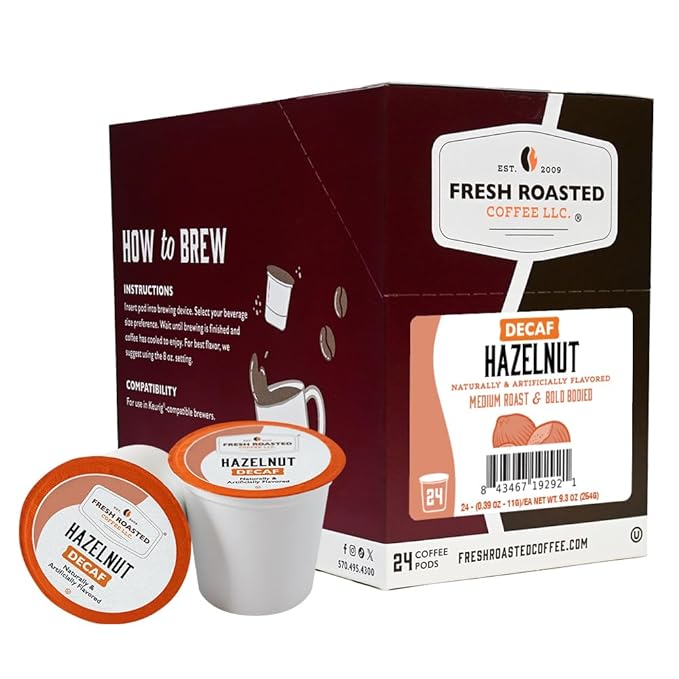 Fresh Roasted Coffee, Decaf Hazelnut, Flavored Coffee Pods, K-Cup Compatible, 24 Count