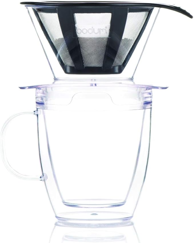 Bodum 12oz Pour Over Coffee Dripper Set w/Double Wall Mug and Reusable Permanent Filter, Plastic, BPA-Free, Clear