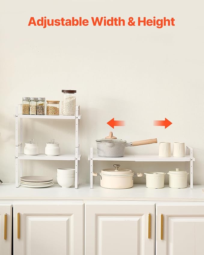 VEVOR Adjustable Kitchen Cabinet Shelf Organizer, Expandable 2 Tier Cabinet Shelf, Stackable Countertop Organizers and Storage Risers, Pantry for Kitchen Bathroom Office, White