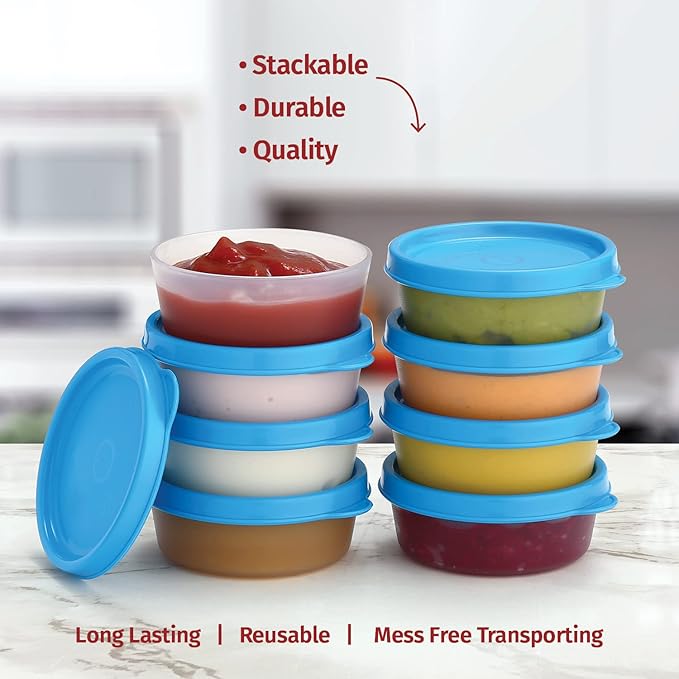 Condiment Cups Containers with Lids- 8 pk. 2.3 oz.Salad Dressing Container to go Small Food Storage Containers with Lids- Sauce Cups Leak proof Reusable Plastic BPA free for Lunch Box Picnic Travel