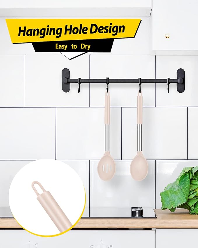 Pack of 2 Large Silicone Cooking Spoons,Non Stick Solid Basting Spoon,Heat-Resistant Kitchen Utensils for Mixing,Serving,Draining,Stirring (STAINLESS STEEL KHAKI)