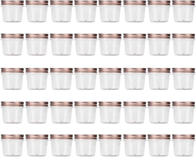 Novelinks 4 Ounce Clear Plastic Jars with Rose Gold Lids - Refillable Round Containers for Kitchen & Household Storage - BPA Free (40 Pack)