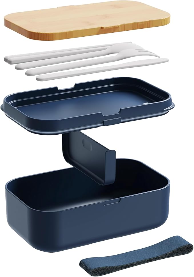 Bento Box for Adult Lunch Containers with Utensils for Men/Women Blue - Natural Bamboo Lid, Chopsticks, Microwave Safe, Dishwasher Safe, Bpa Free, Gifts for Women, Cute, Small