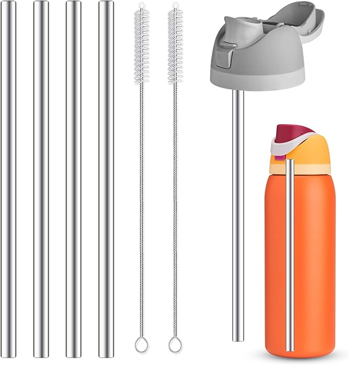 4Pcs Replacement Stainless Steel Straws Compatible with Owala Water Bottle 40oz Reusable Straws with 2 Cleaning Brushes Metal Straw Replacement Compatible with Owala Freesip (23.5cm for 40oz)