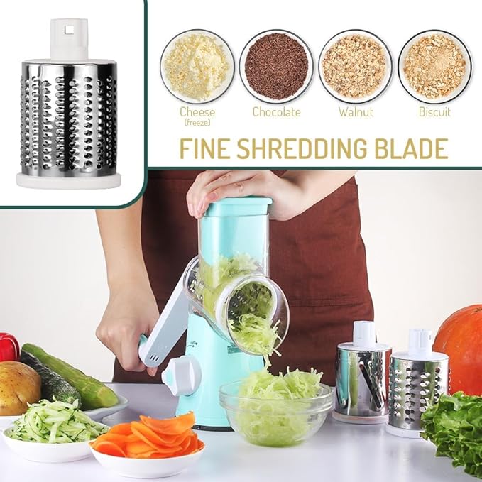 Rotary Cheese Grater with Handle Vegetable Shredder Round Kitchen Slicer Mandoline Grater for Vegetable, Nuts, Chocolate, Cheese, White, 3 Stainless Steel Blades