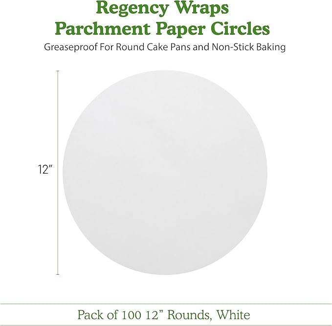 Regency Wraps Parchment Paper Circles For Round Cake Pans, Greaseproof Liners for Non-Stick Baking, 12" (Pack of 100), White