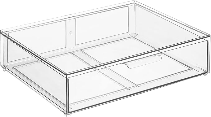 mDesign Wide Plastic Stackable Bathroom Storage Organizer Bin with Pull Out Drawer for Cabinet, Vanity, Shelf, Cupboard, Cabinet, Countertop, or Closet Organization - Lumiere Collection - Clear