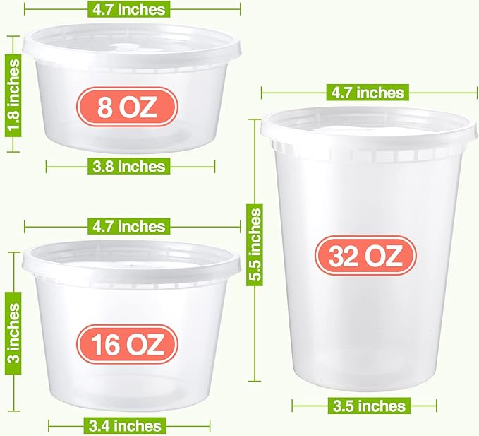 60 Set Deli-Containers-with-Lids: [8oz 16oz 32oz] Combo Plastic-Food-Storage-Containers-with-Lids, To-Go-Containers, Meal-Prep-Containers