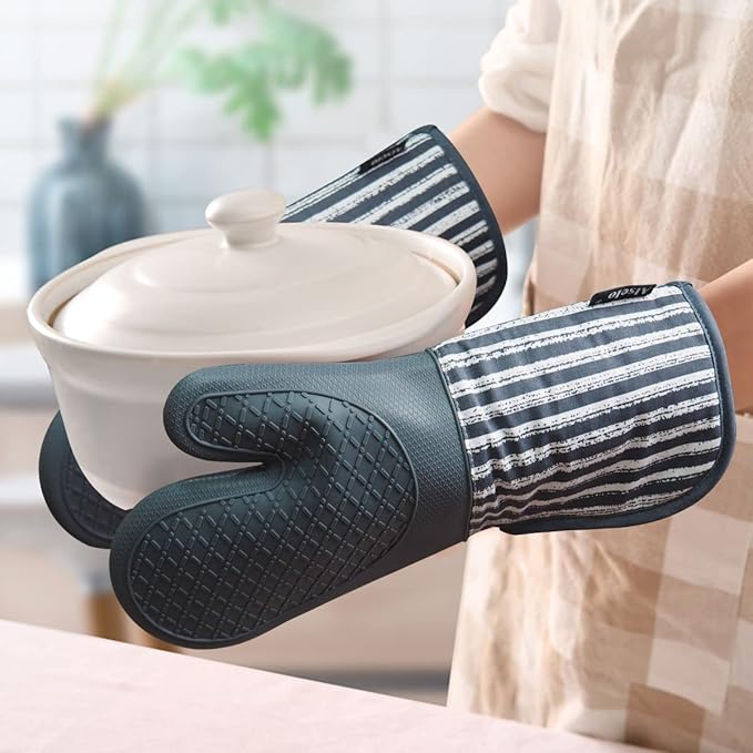 Silicone Oven Mitts Heat Resistant 932℉ with Waterproof & Non-Slip Kitchen Mittens, Set of 2 Extra Long Oven Gloves with Soft Cotton Terry Lining for Baking Cooking Barbecue