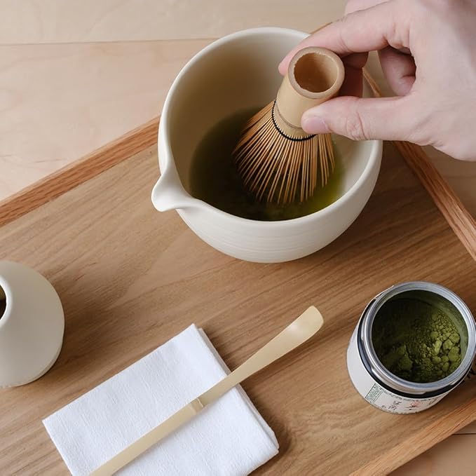 Matcha Whisk Set, Ceramic Matcha Bowl & Whisk Holder, Bamboo Accessory, Modern Design (Matte Crème, Pouring Spout)